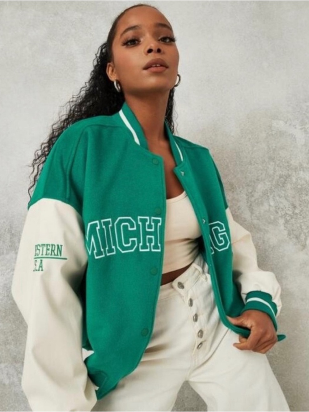 Missguided Green and White Varsity Bomber Jacket - Michigan Lettering size 4